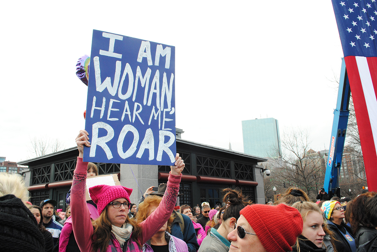 I am woman hear me roar sign at Boston Women's March 2017